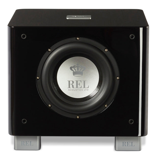 Subwoofer REL Acoustics LTD de alta fidelidad, diseño negro brillante con logo de corona, ideal para sistemas de audio premium en México.