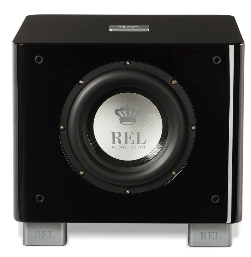 Subwoofer REL Acoustics LTD de alta fidelidad, diseño negro brillante con logo de corona, ideal para sistemas de audio premium en México.